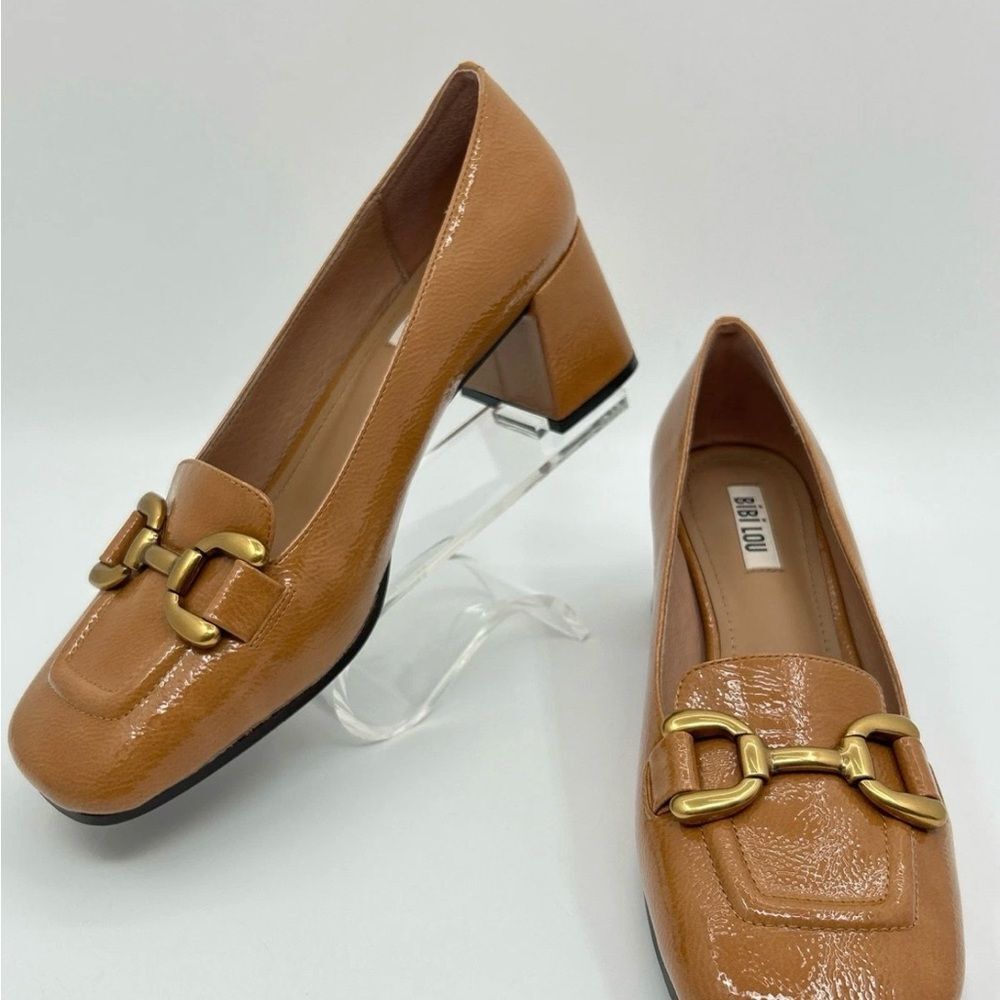 BiBi Lou Tan Leather Pump Block Heel Anthropology Square Toe Slip On Size 9.5